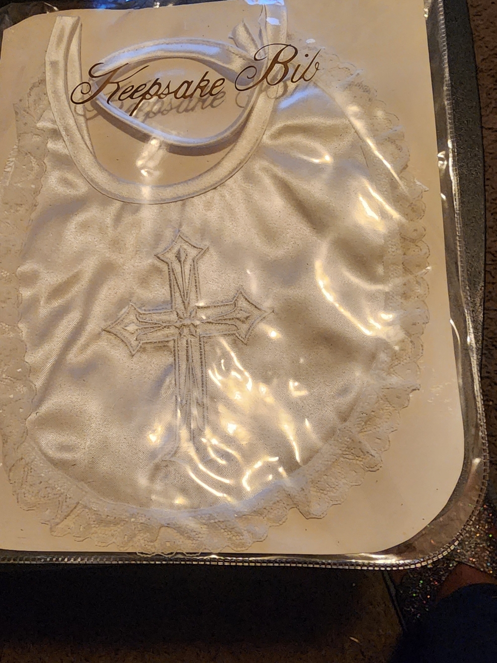 KEEPSAKE the Label White Satin Cross Embroidered Baby Bib